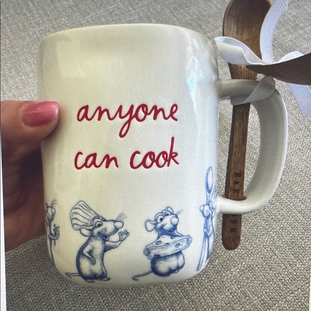 White and Red Mug with Spoon - Anyone Can Cook